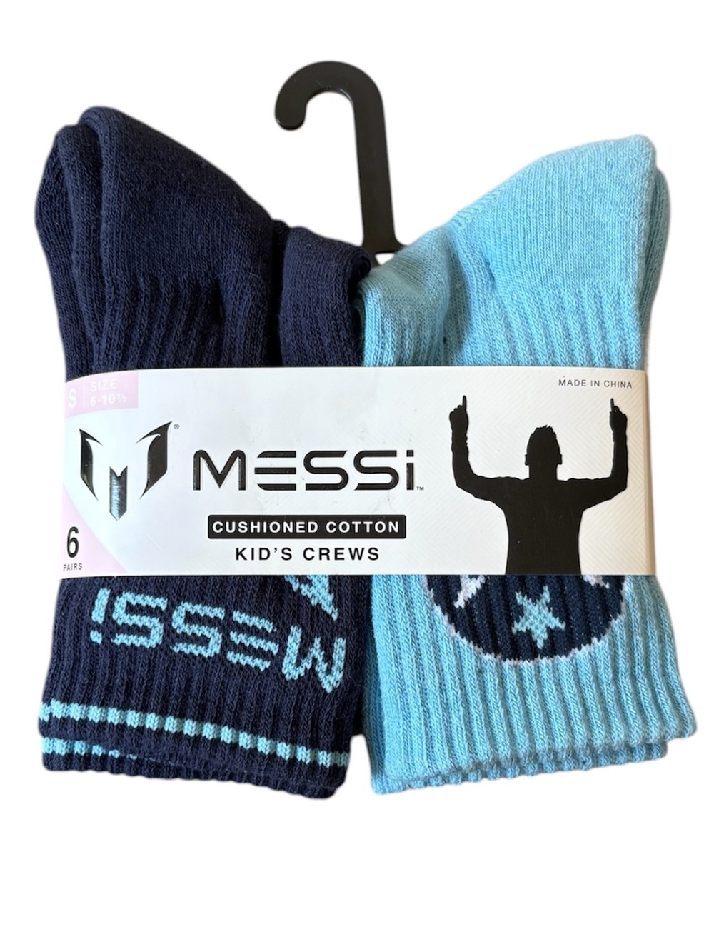 NWT Kids Messi Cushioned Cotton Crew Socks - Navy & Light Blue (6 Pairs)